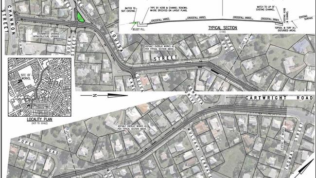 A map of the planned asphalt overlays and stormwater upgrades in Louisa and Albred Sts.