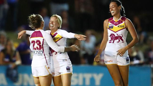 Kate McCarthy celebrates a goal with teammates. Picture: Getty Images