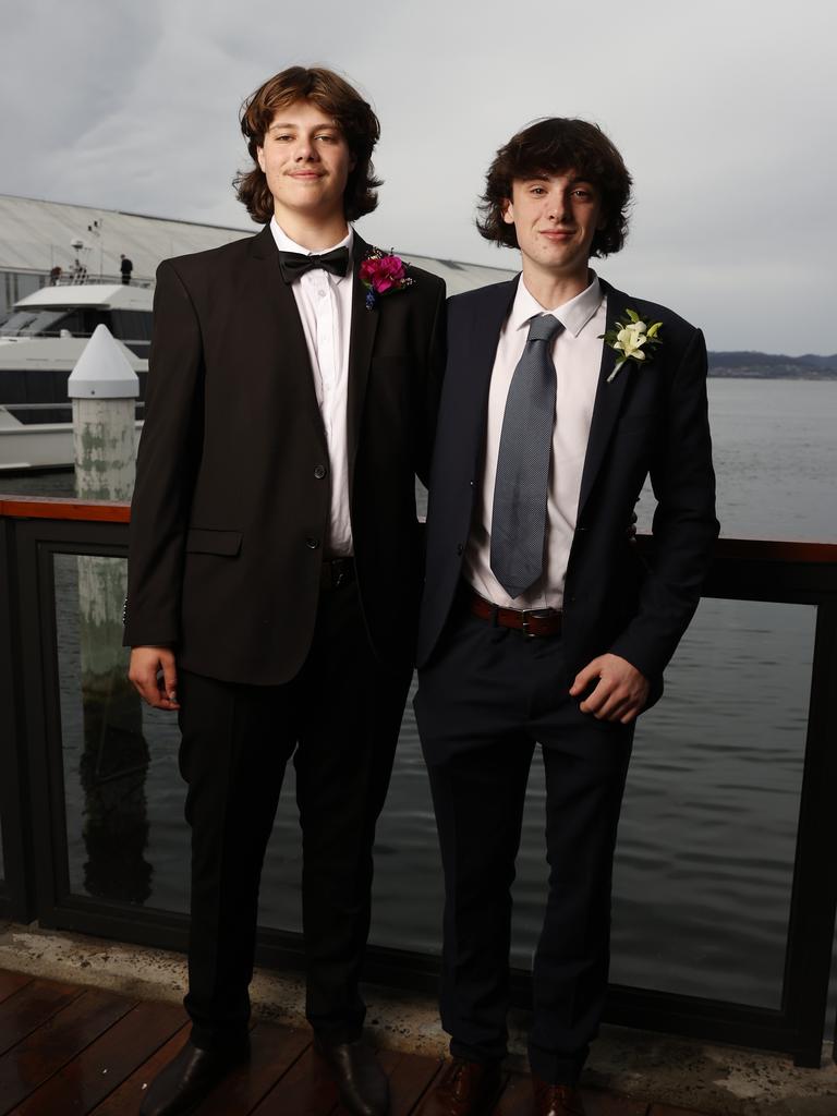 Finn Routley and Max Shearer. Fahan School leavers dinner 2023 at Franklin Wharf. Picture: Nikki Davis-Jones