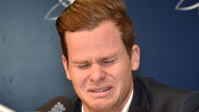 A distressed Steve Smith at his tampering press conference. Picture: AFP