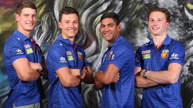 Brisbane draftees Jarrod Berry, Hugh McCluggage, Cedric Cox and Alex Witherden. Picture: Jono Searle