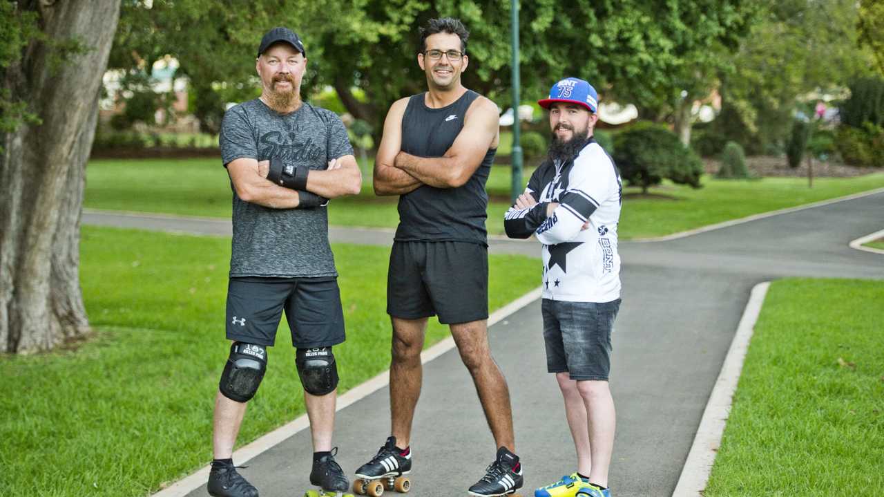 ON A ROLL: Toowoomba skaters (from left) Mick Schoenfisch, Jason Finlay and Ricky Moss will line up for the Australian Roller Derby team at the World Roller Games in Barcelona, Spain later this year. The trio will be joined by fellow Garden City locals Dan Lindenberg and Col Dennis. Picture: Nev Madsen