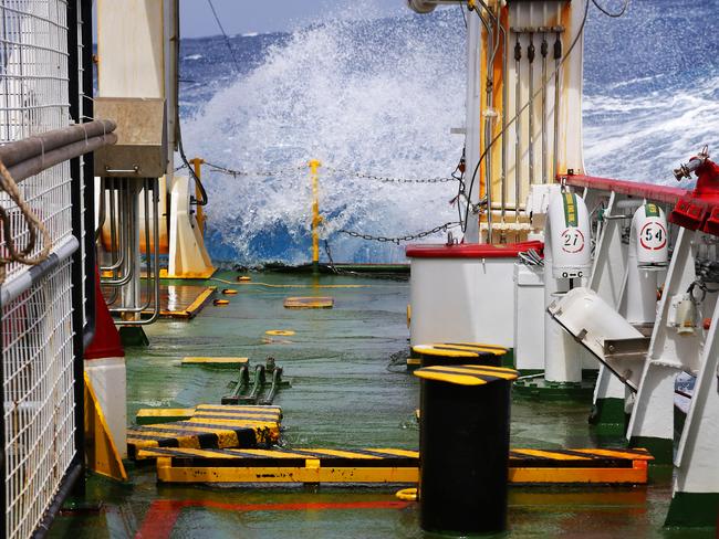 Waves crash over the back deck of Fugro discover as she continues in the search for the missing Malaysia Airlines flight MH370. *** Local Caption *** Fugro Discover continues the seabed search for the missing Malaysia Airlines flight MH370 in the Southern Indian Ocean.