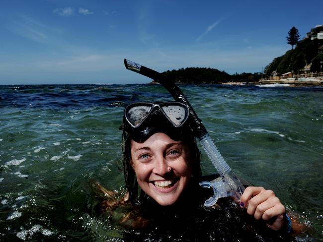 Alice Forest is a snorkeller pictured at Cabbage Tree Bay in Manly.