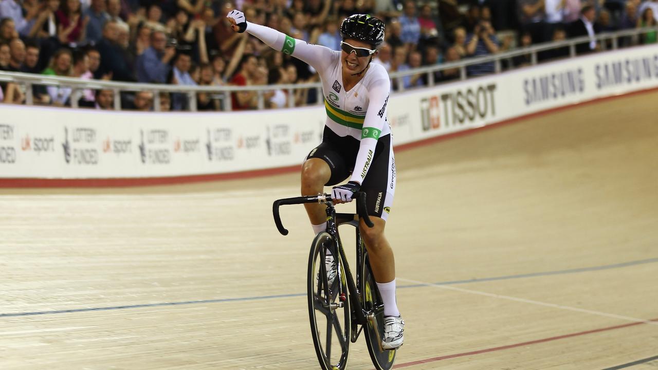Melissa Hoskins celebrates winning the Women's Scratch Race during the UCI Track Cycling World Cup in London in 2012. Picture: Bryn Lennon / Getty Images