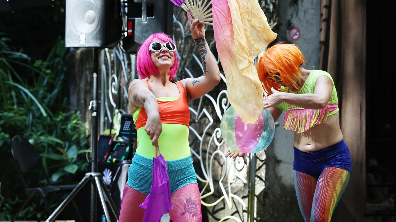 Nina Supernova and Renee Pickle from Buenos Nachos perform to the crowd at the Cairns Pride Festival's Pride Fair day, held at the Tanks Arts Centre, Edge Hill. Picture: Brendan Radke