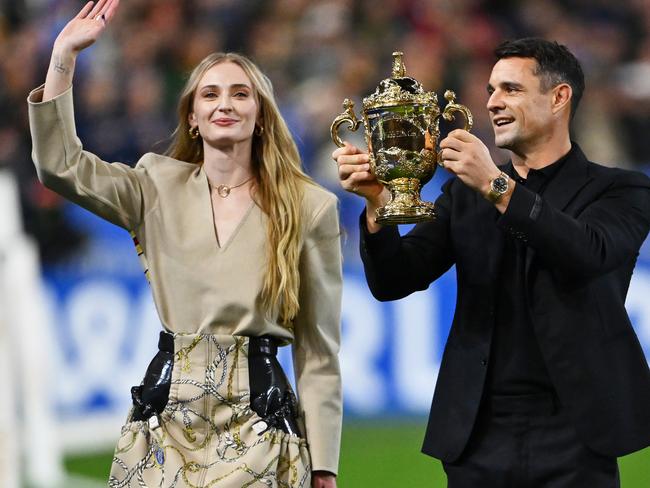 After the kiss, Sophie Turner joined Dan Carter at the Rugby World Cup Final match between New Zealand and South Africa at Stade de France. Picture: Dan Mullan/Getty Images