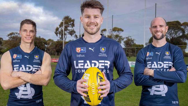 South Adelaide retirees, from left, Matt Rose, Bryce Gibbs and Matthew Broadbent, before their final SANFL games against Glenelg on Saturday. Picture: Ben Clark