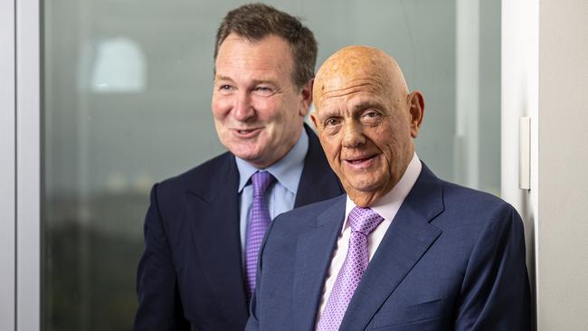 Premier Investments chair Solomon Lew and outgoing CEO Mark McInnes. Picture: NCA NewsWire / Daniel Pockett