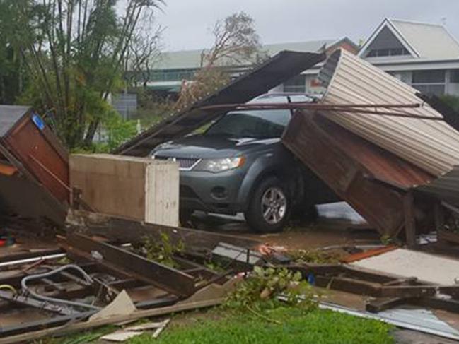 Cyclone Debbie Proserpine QLD - image posted by Rachel Harm to Facebook - 'My yard and the neighbours shed which is now in my backyard' Picture: Rachel Harm/Facebook