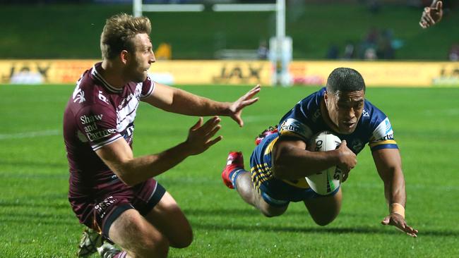 Parramatta’s Michael Jennings scores against Manly. The veteran has opted to stay an Eel until the end of 2022. Picture: Getty Images