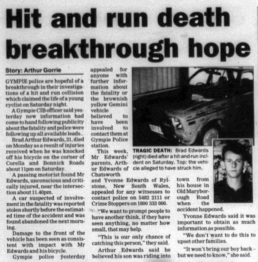 GYMPIE TIMES - November 12, 1999: 'Hit and run death breakthrough hope'