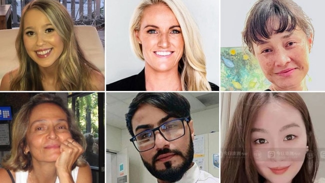 The victims from the stabbing spree at Bondi Junction. From top left, Dawn Singleton, Ashlee Good, Jade Young; bottom, Pikria Darchia, Faraz Tahir and Cheng Yixuan.