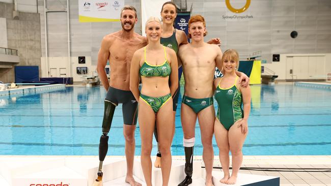 Members of the Australian Paralympic swim team Ellie Cole, Brenden Hall, Tiffany Thomas Kane, Keira Stephens and Col Pearse during the uniform launch for Tokyo.