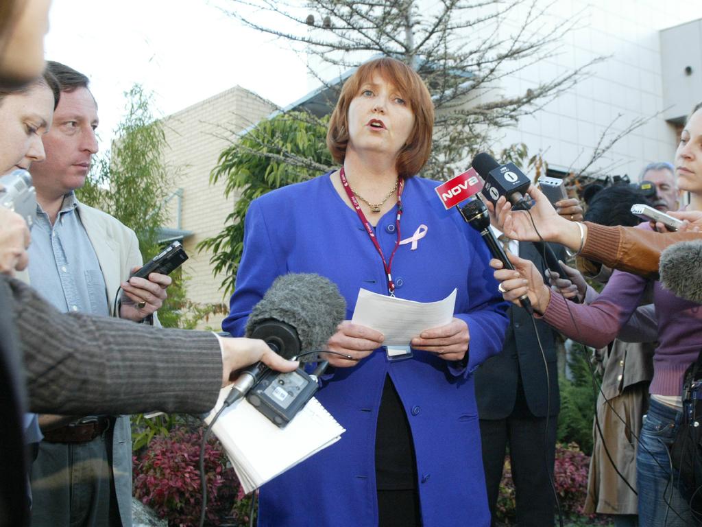 Dr Senior reads statement to media outside Cabrini Hospital in Melbourne where she advised that singer Kylie Minogue was likely to make a full recovery. Picture: Supplied