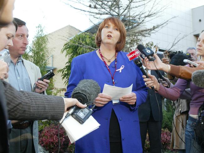 Dr Senior reads statement to media outside Cabrini Hospital in Melbourne where she advised that singer Kylie Minogue was likely to make a full recovery. Picture: Supplied