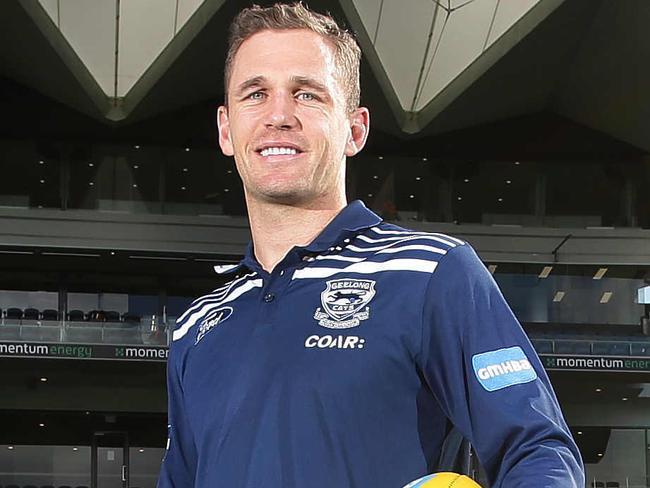 Geelong Cats captain Joel Selwood presser in front of the new stand at Simonds Stadium. Picture: Peter Ristevski