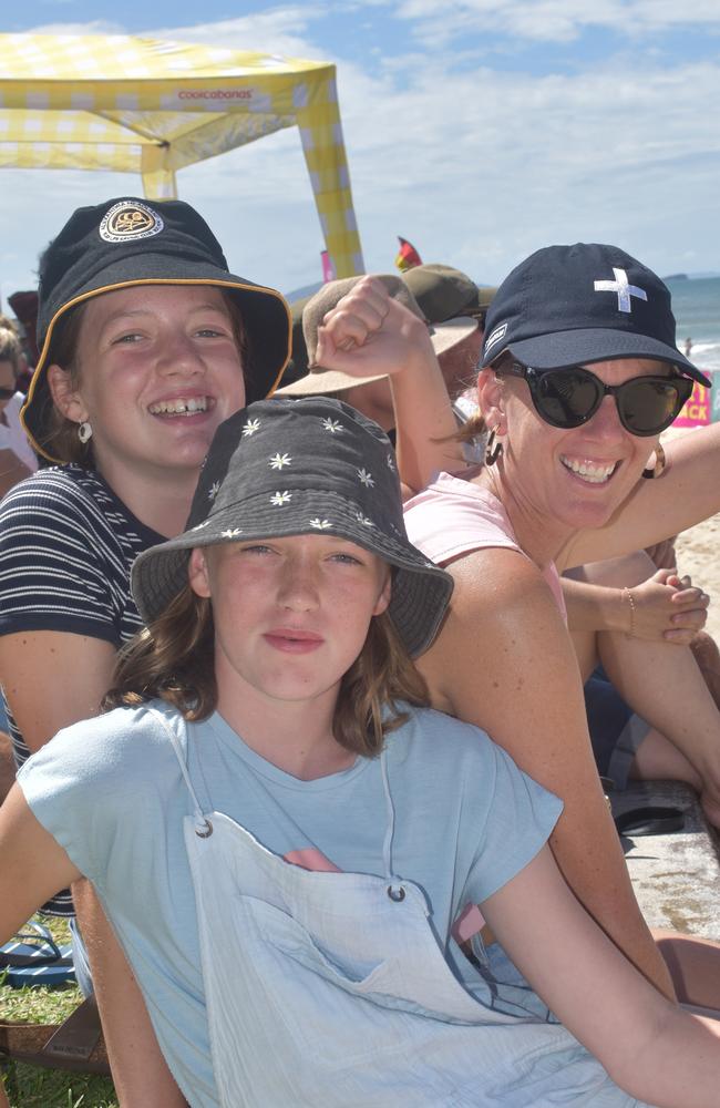 Matilda, Elise and Evie Pentland at day two of the Senior and Masters division of the 2023 Queensland Surf Life Saving Championships at Mooloolaba. Photo: Elizabeth Neil