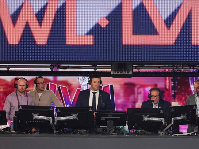 LAS VEGAS, NEVADA - FEBRUARY 11: (L-R) Tony Romo and Jim Nantz look on from the CBS booth during the third quarter during Super Bowl LVIII between the San Francisco 49ers and the Kansas City Chiefs at Allegiant Stadium on February 11, 2024 in Las Vegas, Nevada.   Rob Carr/Getty Images/AFP (Photo by Rob Carr / GETTY IMAGES NORTH AMERICA / Getty Images via AFP)