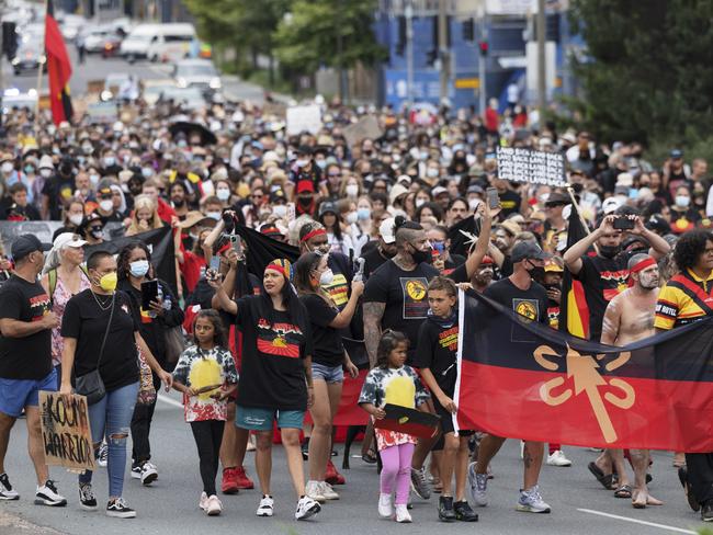 Protesters march in Canberra on Australia Day. Picture: Brook Mitchell/Getty