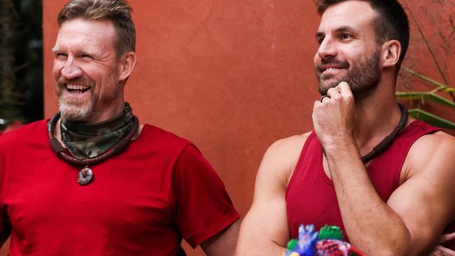 Nathan Buckley and Beau Ryan attempted to score Mexican food from a cameraman. Picture: Nigel Wright