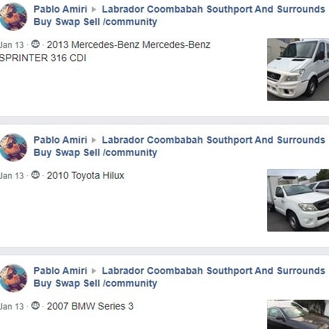 A screenshot of some of the vehicles Pravis 'Pablo' Amiri posted for sale on Facebook, despite the suspension of his motor dealer’s licence. Picture: Facebook