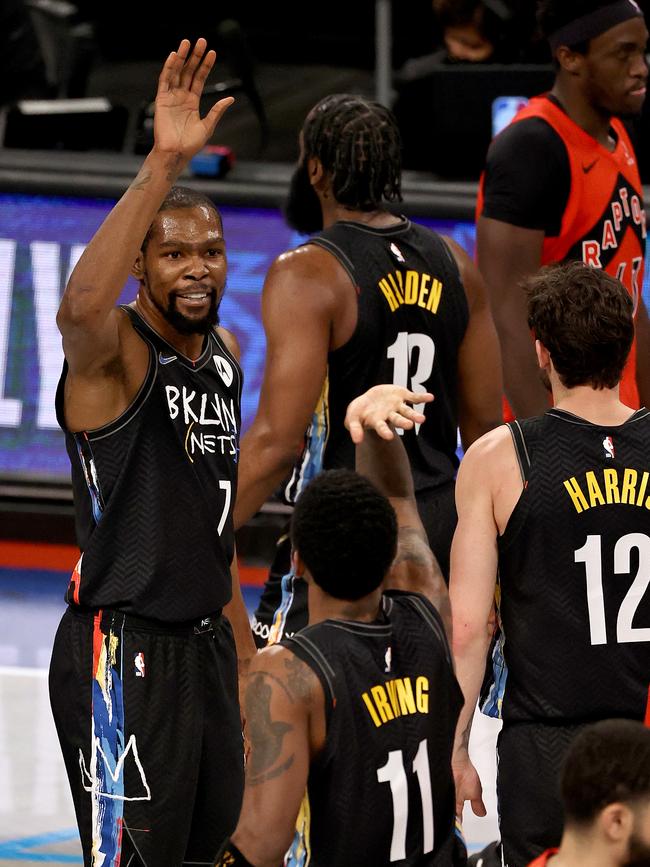 Kevin Durant, Kyrie Irving and James Harden are unstoppable. (Photo by Elsa/Getty Images)