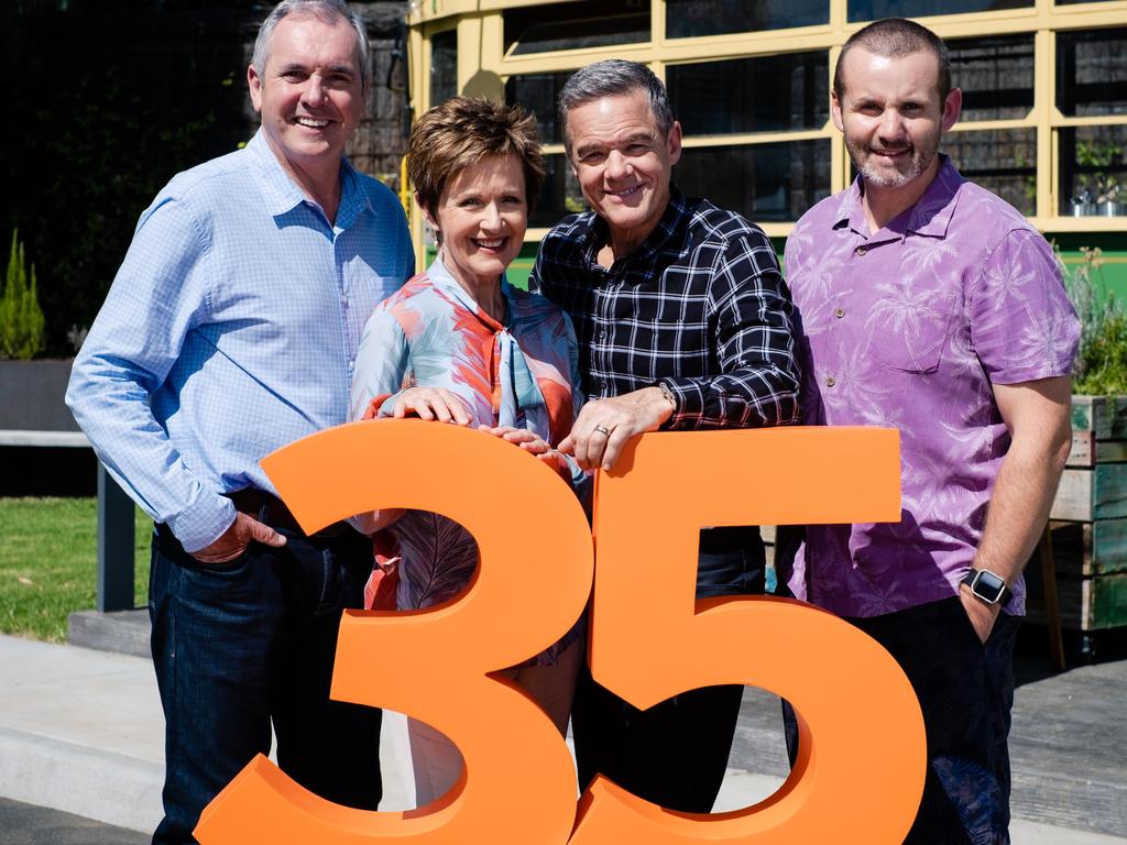 Neighbours stars Alan Fletcher, Jackie Woodburne, Stefan Dennis and Ryan Moloney celebrate the show’s 35th anniversary. Picture: Channel 10