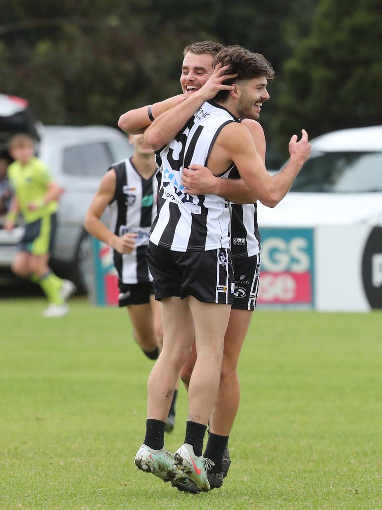 North Geelong's Osca Riccardi celebrates his goal with Sam Reynolds. Picture: Alan Barber