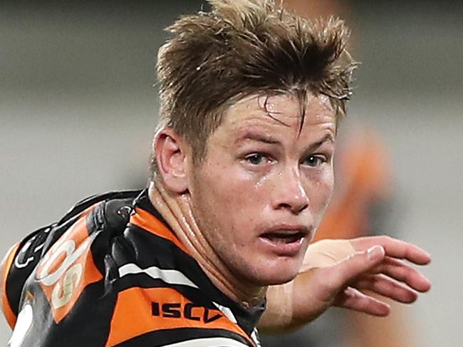 SYDNEY, AUSTRALIA - JUNE 28: Harry Grant of the Wests Tigers runs the ball during the round seven NRL match between the Canterbury Bulldogs and the Wests Tigers at Bankwest Stadium on June 28, 2020 in Sydney, Australia. (Photo by Mark Kolbe/Getty Images)