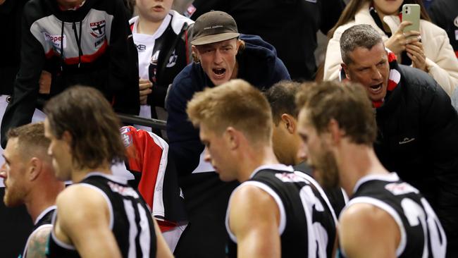 Angry Saints fans yell at players as they leave the field after their horror loss to the Western Bulldogs. Picture: AFL Photos/Getty Images