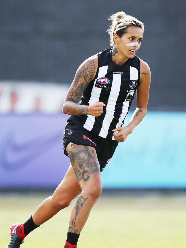 Moana Hope celebrates a goal for the Magpies in 2018. (Photo by Michael Dodge/Getty Images)