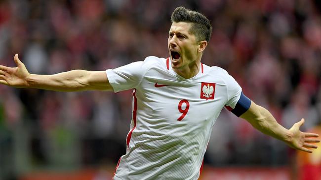 Bayern Munich and Poland champion Robert Lewandowski celebrates another goal.