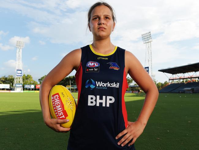 The Adelaide Crows only remaining Darwin-based player Danielle Ponter, poses for a photo at Darwin’s TIO Stadium earlier this year. Picture: KERI MEGELUS