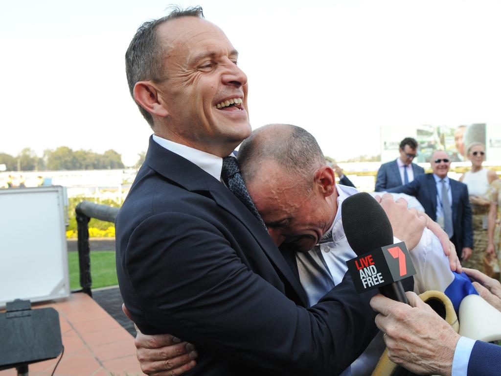 Boss with trainer Chris Waller after riding Kolding to victory. Picture: AAP