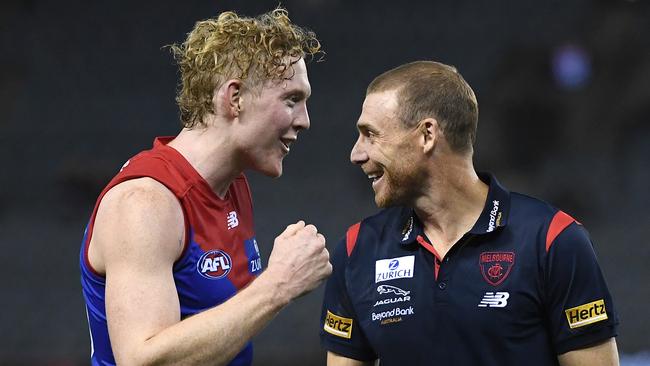 Clayton Oliver and Simon Goodwin in 2021. (Photo by Quinn Rooney/Getty Images)