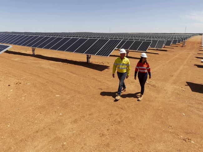 Merredin Solar Farm, Merredin (approx 250 km east of Perth WA). The biggest solar farm to date in WA with 250 ha solar panel footprint on 460 haPictured is Grace Lim En (Project Engineer Monford Group) and Rod Cusbert (Construction Manager of Merredin Solar Farm Risen Energy Australia) with a section of the farm.PHOTO: MARIE NIRME