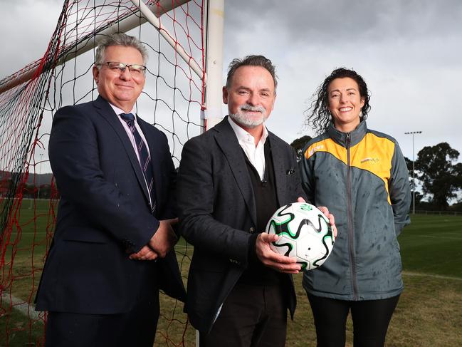 Football Australia chairman Chris Nikou, Labor sports spokesman David O’Byrne and Rugby Tasmania president Ebony Altimira at the stadium announcement. Picture: Nikki Davis-Jones