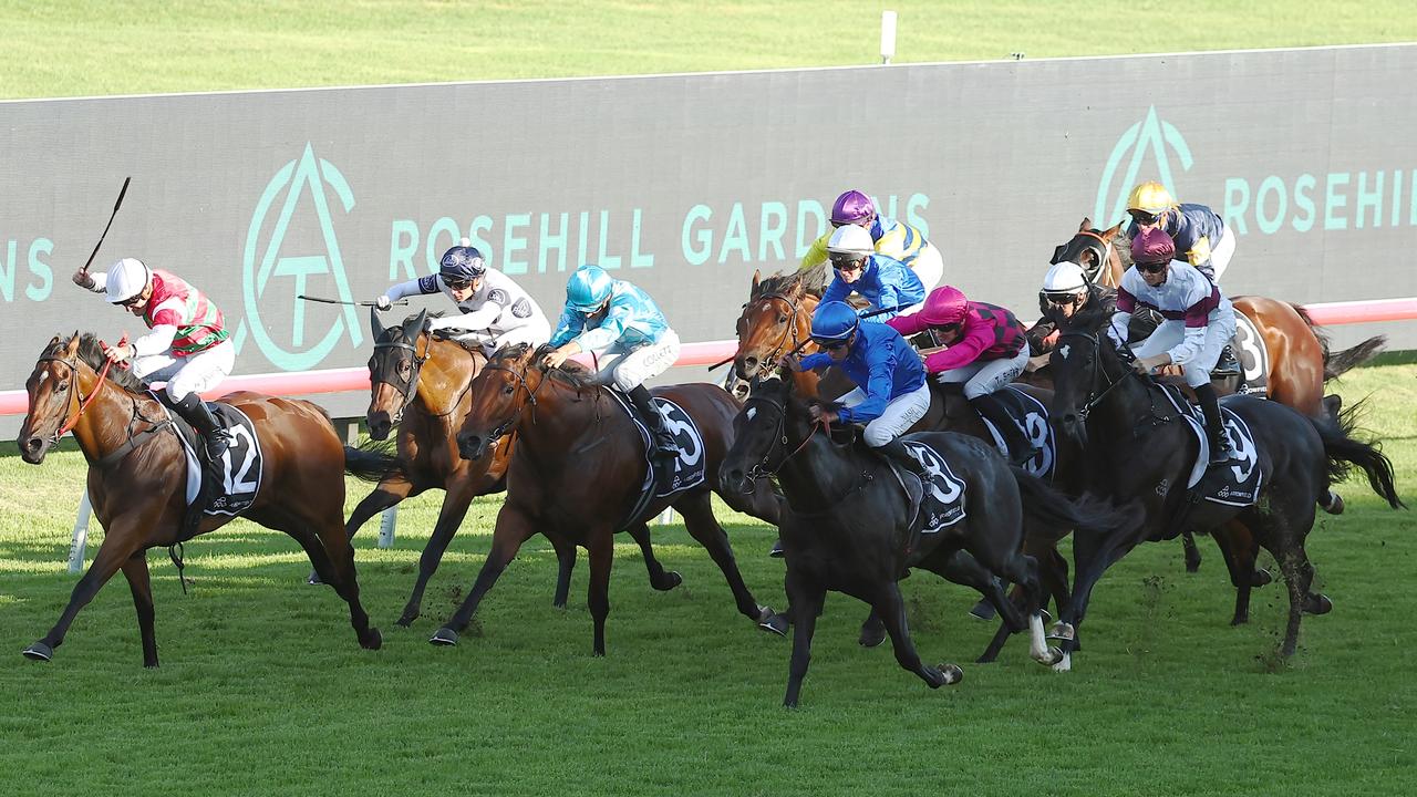 SYDNEY, AUSTRALIA - DECEMBER 02: Nash Rawiller riding  Legio Ten wins Race 10 Buy An Arrowfield Graduate during Sydney Racing at Rosehill Gardens on December 02, 2023 in Sydney, Australia. (Photo by Jeremy Ng/Getty Images)