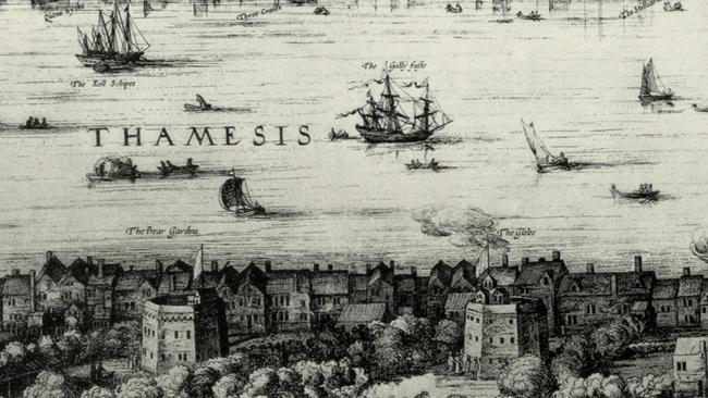 An 1616 engraving showing the Bear Baiting arena (foreground left) and the rebuilt Globe Theatre (foreground right).