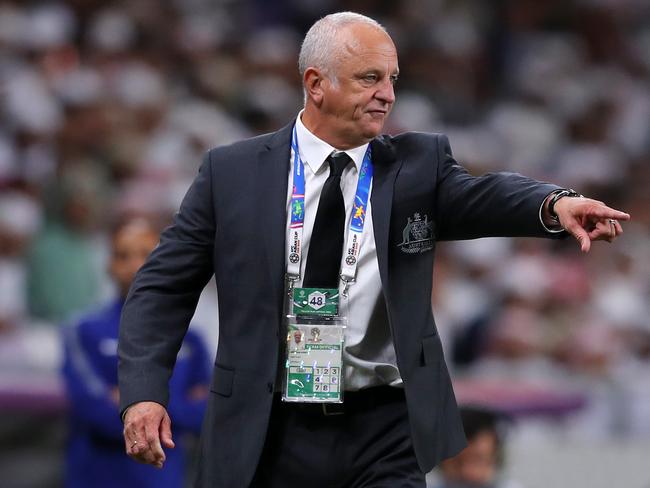 AL AIN, UNITED ARAB EMIRATES - JANUARY 25:  Graham Arnold of Australia gives his team instructions during the AFC Asian Cup quarter final match between United Arab Emirates and Australia at Hazza Bin Zayed Stadium on January 25, 2019 in Al Ain, United Arab Emirates.  (Photo by Francois Nel/Getty Images)