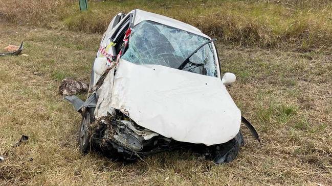 A photograph after a white utility vehicle rolled on the Bruce Highway near Eleanor Creek in Coolbie at 3.30pm on Monday. Picture: Supplied