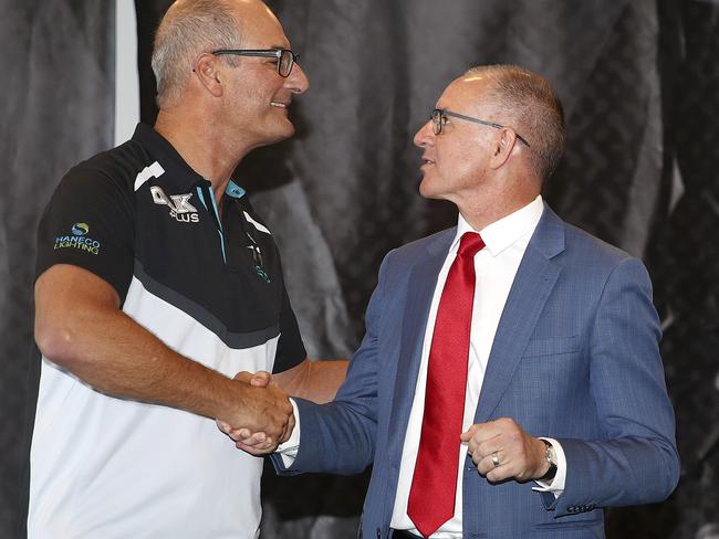 Port Adelaide president David Koch with Premier Jay Weatherill at the announcement. Picture Sarah Reed