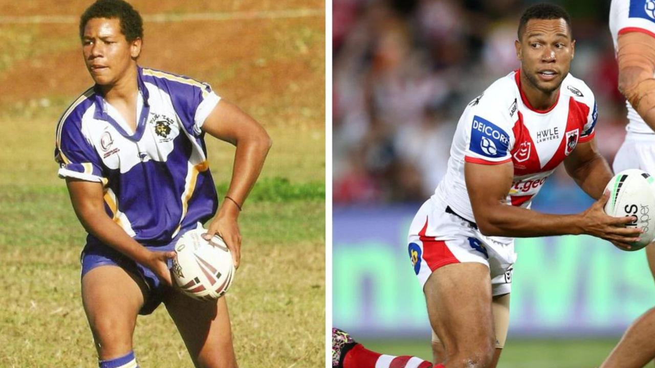 Left: Mbye playing for the Noosa Pirates on the Sunshine Coast. Right: Mbye looks pass to his St. George Illawarra teammates. Picture: Jason McCawley Getty Images