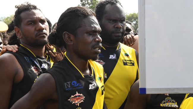 Tigers coach rallies the team during three-quarter break during 2022 Tiwi Grandfinal. Picture: (A)manda Parkinson