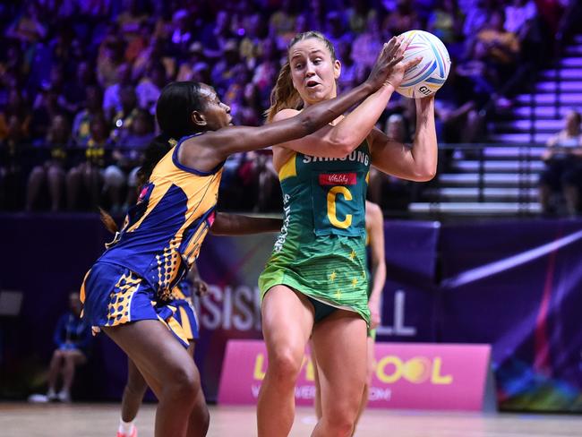 LIVERPOOL, ENGLAND - JULY 15: Jamie-Lee Price of Australia and Latonia Blackman of  Barbados in action during the preliminaries stage two schedule match between Australia and Barbados at M&S Bank Arena on July 15, 2019 in Liverpool, England. (Photo by Nathan Stirk/Getty Images)