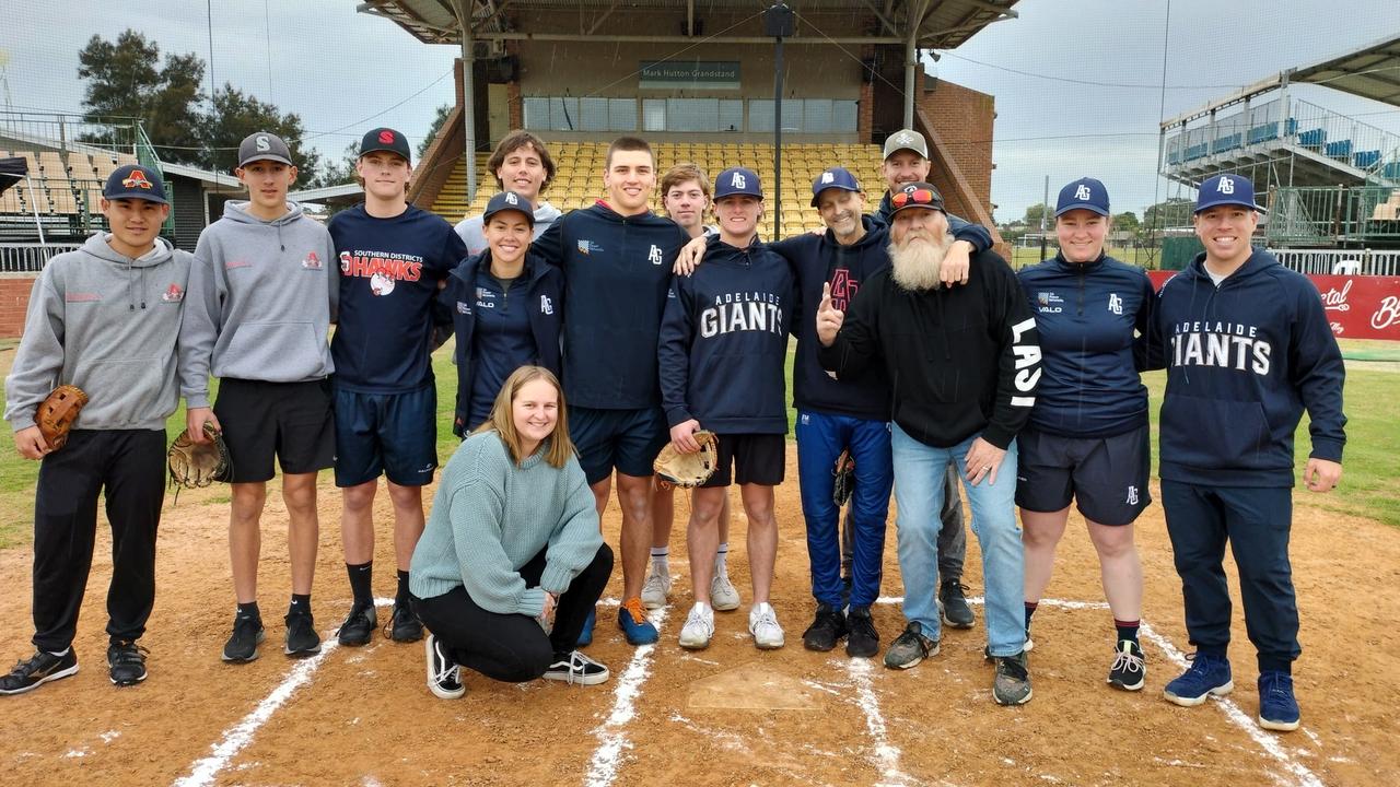 Adelaide Giants member Andrew Sutton, centre, who has died from cancer, with some of the Giants stars for one “final bat”. Picture: Adelaide Giants