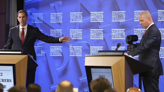 Labor Treasury spokesman Jim Chalmers, left, takes on Josh Frydenberg at the National Press Club in Canberra on Wednesday. Picture: Twitter