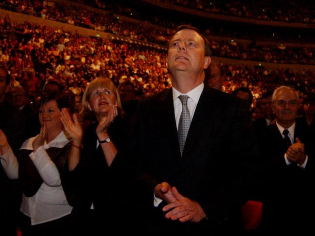 Scott Morrison is not the first senior political figure to attend a Hillsong event. Then Federal Treasurer Peter Costello (with wife Tanya) addressed the Hillsong conference in Sydney in July 2004. Picture: Sam Mooy