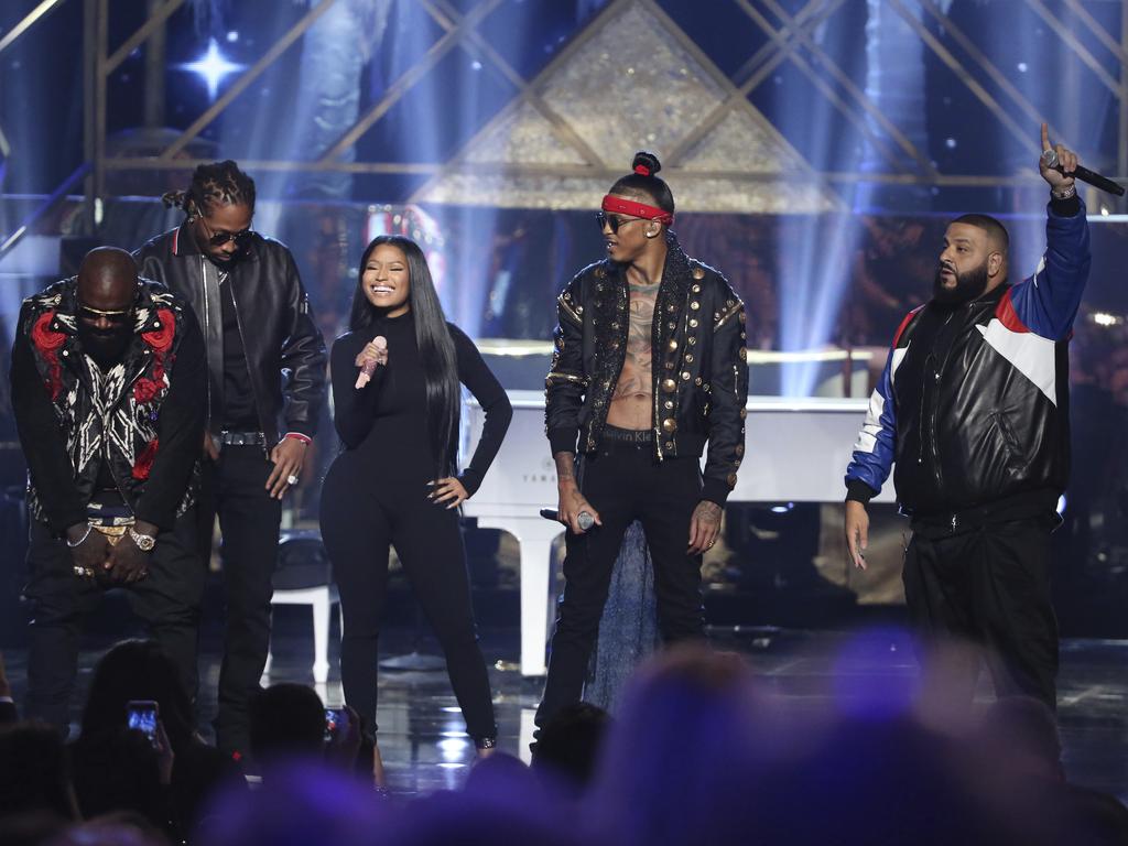 Rick Ross, Future, Nicki Minaj, August Alsina, and DJ Khaled perform “Do You Mind” at the American Music Awards. Picture: AP